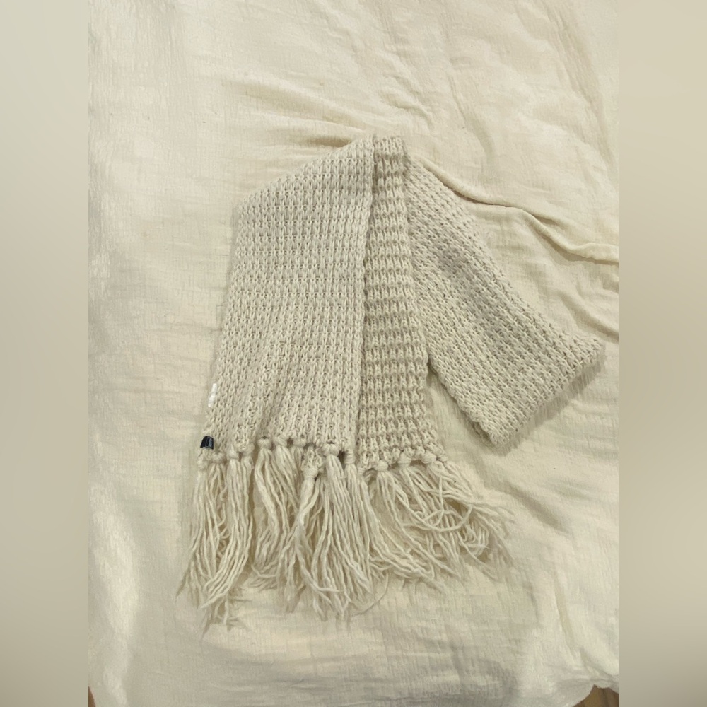 Cream thick knit scarf with fringes – warm winter women's accessory